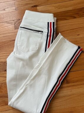 White Skinny Jeans with Red & Navy Side Stripes.360’/4 way stretch.